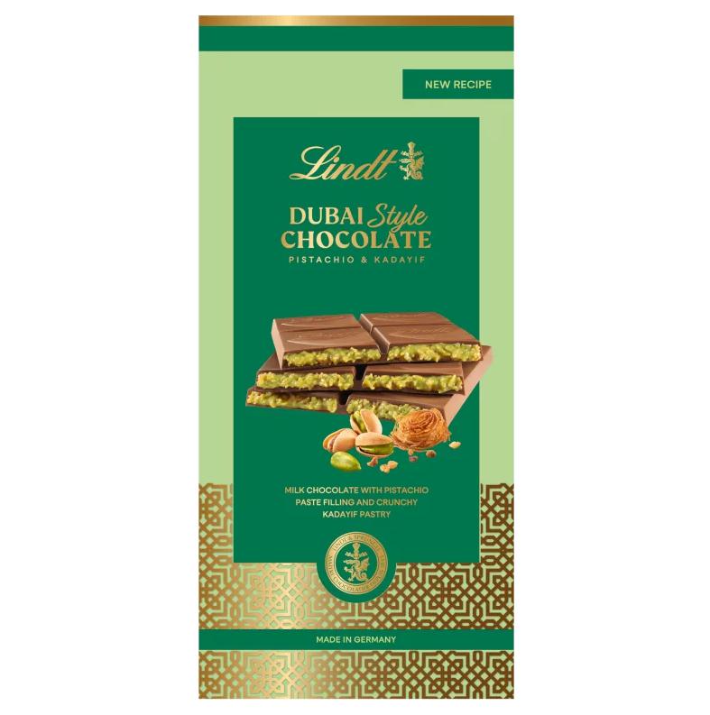 Lindt Dubai Style tejcsokoládé, pisztáciás és ropogós, pirított Kadayif tésztás töltelékkel 145 g