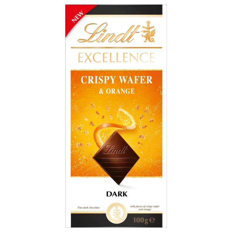 Lindt Excellence étcsokoládé ropogós ostya darabokkal és narancslé-zselé darabokkal 100 g