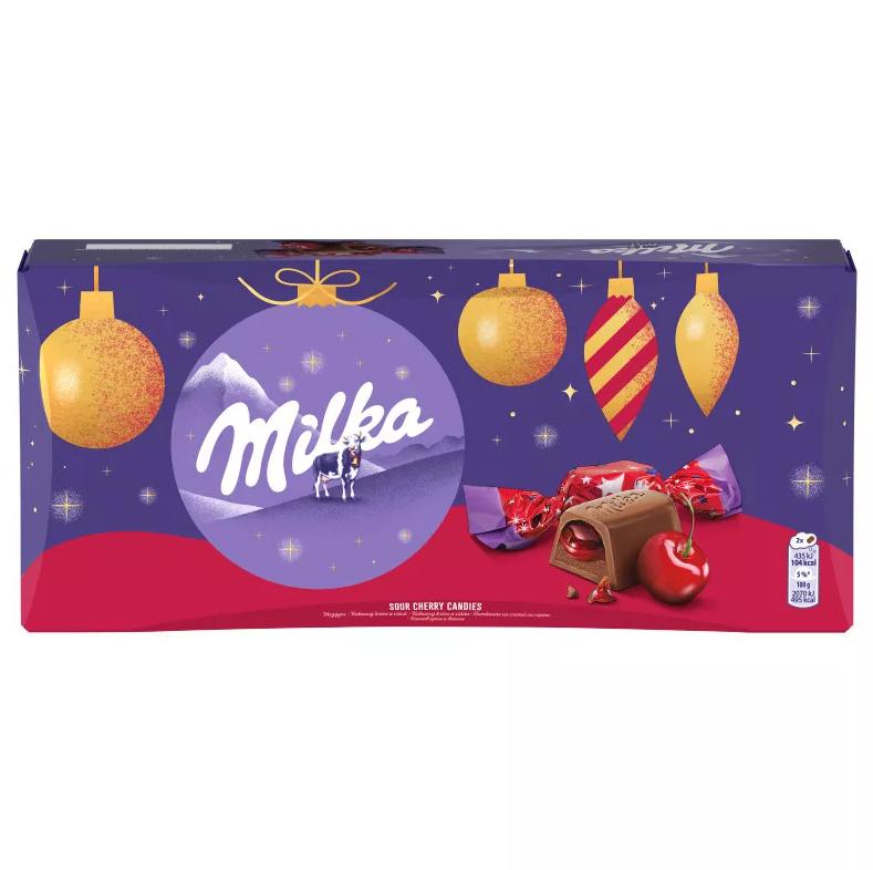 Milka alpesi tej felhasználásával készült tejcsokoládé szaloncukor meggyízű 255 g