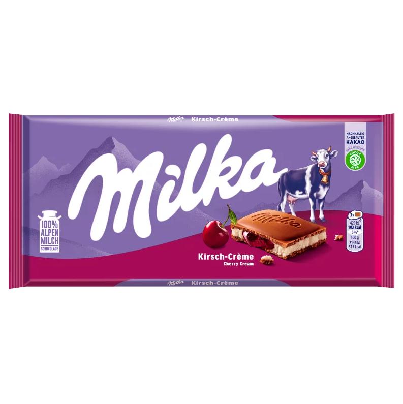 Milka alpesi tejcsokoládé meggyízű tejes krémtöltelékkel és meggyes gyümölcskrémmel 100 g