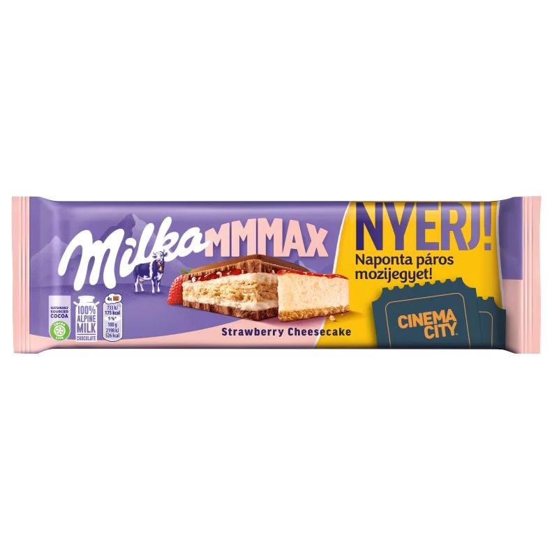 Milka alpesi tejcsokoládé sajttortaízű krémtöltelékkel, epres töltelékkel és keksszel 300 g