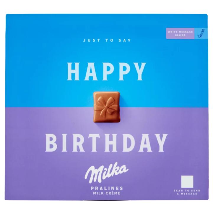 Milka Happy Birthday alpesi tejcsokoládé praliné tejes krémtöltelékkel 20 db 110 g
