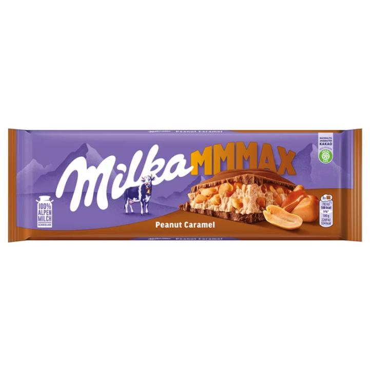 Milka Mmmax földimogyorós-karamellás alpesi tejcsokoládé földimogyoró darabokkal és rizzsel 276 g