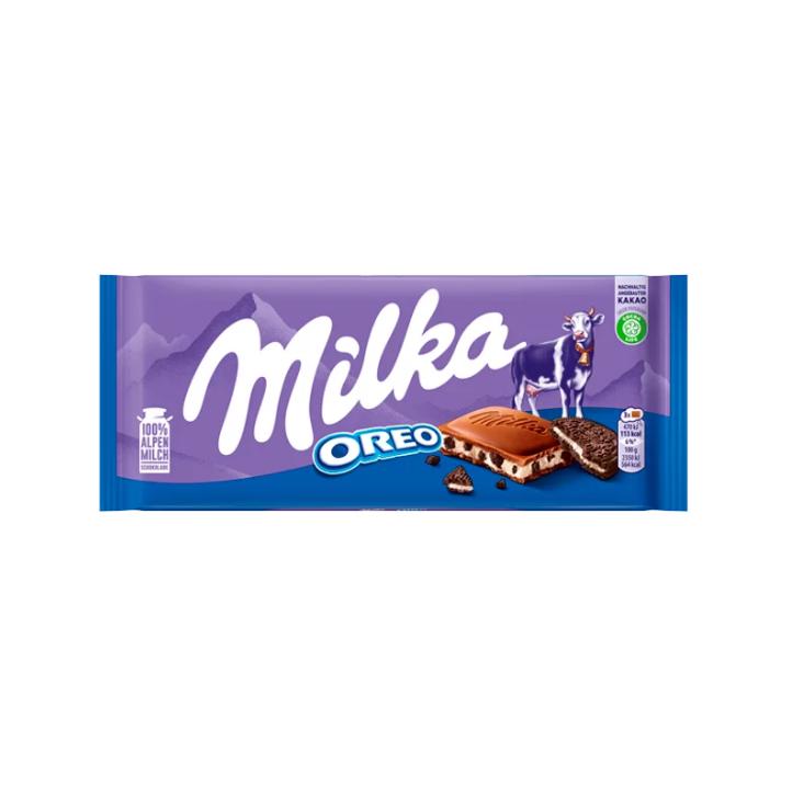Milka Oreo alpesi tejcsokoládé kakaós kekszdarabokkal és vaníliaízű tejes krémtöltelékkel 100 g