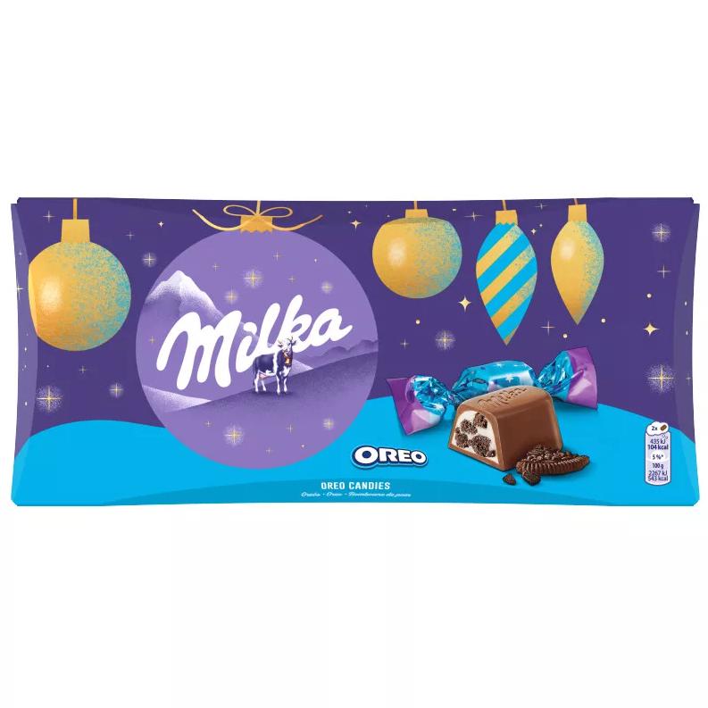 Milka Oreós tejcsokoládé szaloncukor tejes krémtöltelékkel és kakaós kekszdarabokkal 245g