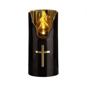 Kegyeleti gyertya LED Candle 707 15x7,5cm fehér/fekete arany kereszttel (elemmel)