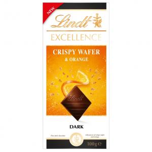 Lindt Excellence étcsokoládé ropogós ostya darabokkal és narancslé-zselé darabokkal 100 g