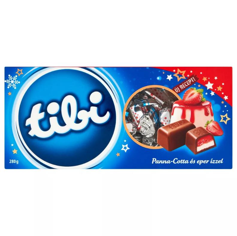 Tibi szaloncukor 280g Panna-Cotta ízű krémmel eperes zselével tejcsokoládé