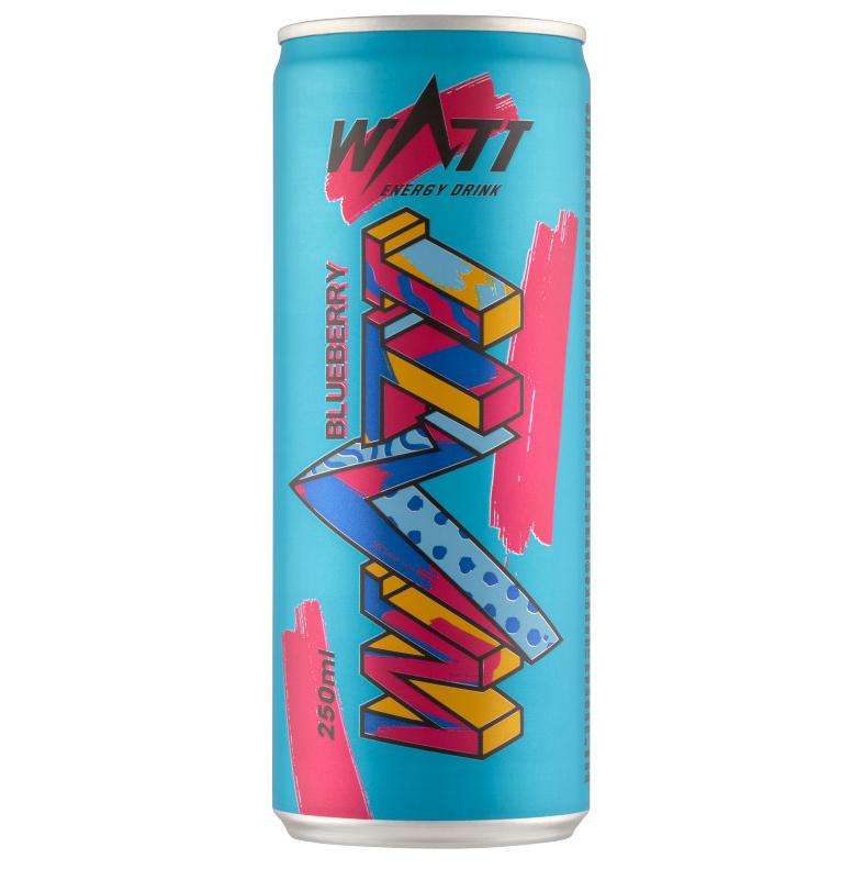 Watt kékáfonya ízű szénsavas energiaital koffeinnel és vitaminokkal 250 ml
