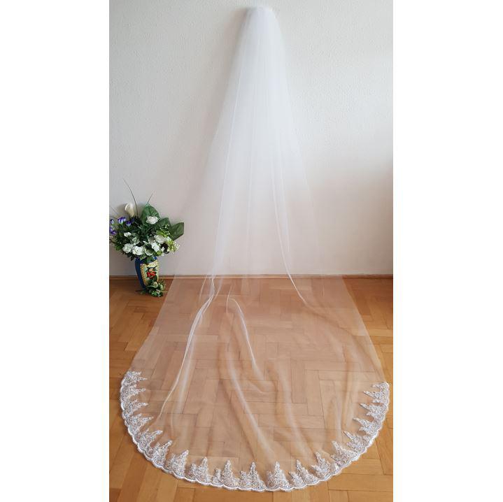 1 rétegű, flitteres, csipkés szélű HÓFEHÉR, 3 méteres menyasszonyi fátyol (90.1)