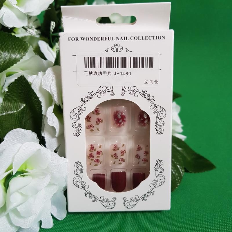 22db-os négyzet alakú DIY műköröm szett folyékony ragasztóval – bordó - rózsás