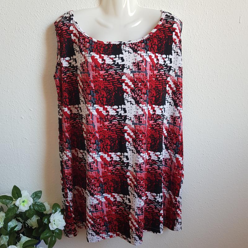 2XL-es egyedi készítésű, piros-fehér-fekete, ujjatlan miniruha, hosszított felső, tunika