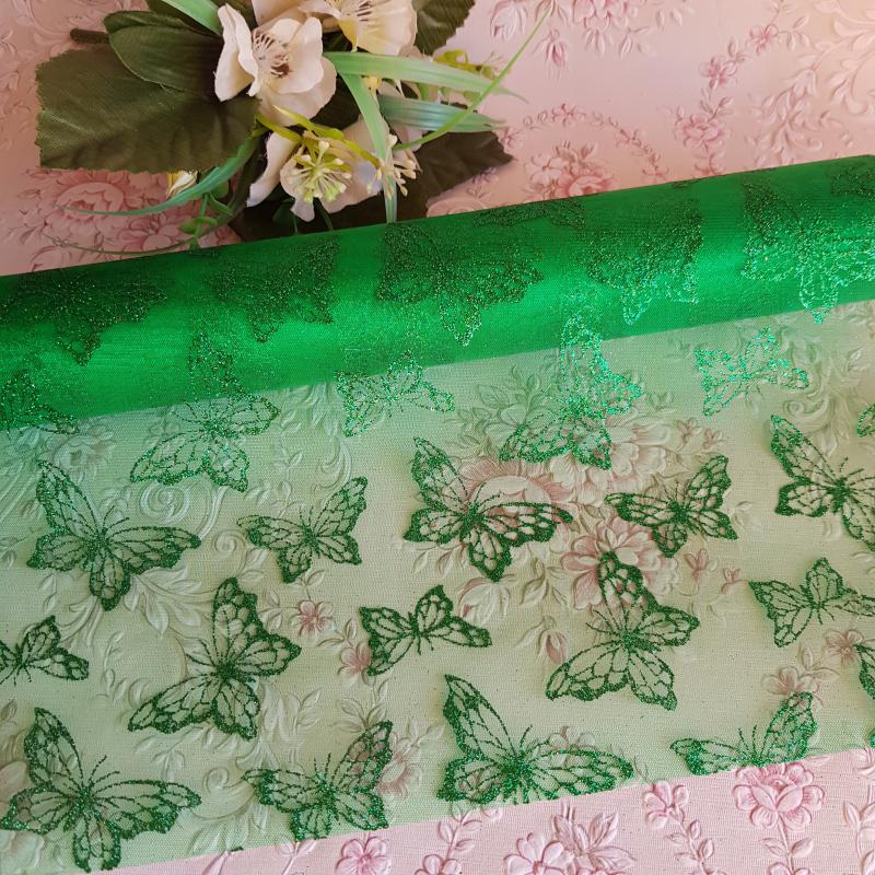 36cm-es fűzöld színű, glitteres, pillangó mintás organza anyag