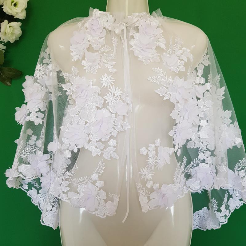 3D virágos, csipkés, hímzett hófehér menyasszonyi pelerin