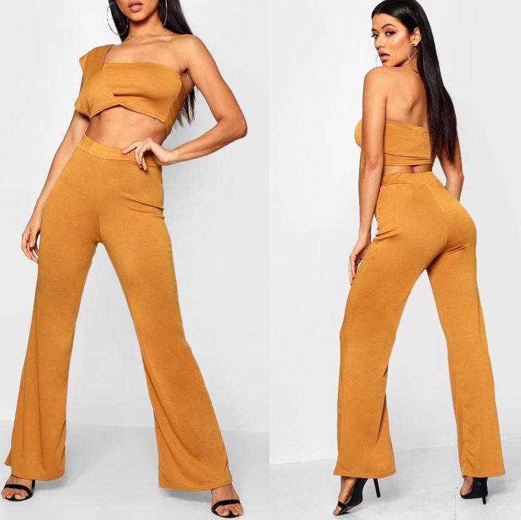 40-es/M-es mustársárga szett: félvállas crop top + wide nadrág