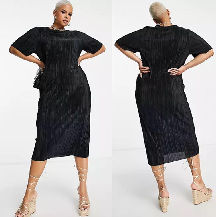 40-es/M-es pliszírozott, fekete T-shirt / póló fazonú midi ruha / oversize tunika, kismama ruha