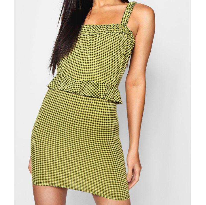 40-es/M-es sárga-fekete kockás, fodros mini ruha