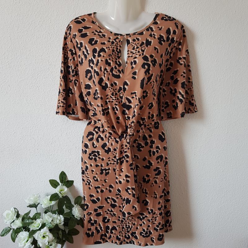 44-es/L-es leopárd mintás, rövid ujjú ruha, midi ruha