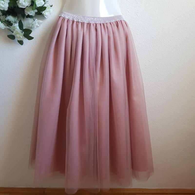 5 rétegű átmenetes púder midi tüll szoknya csillogós derékkal