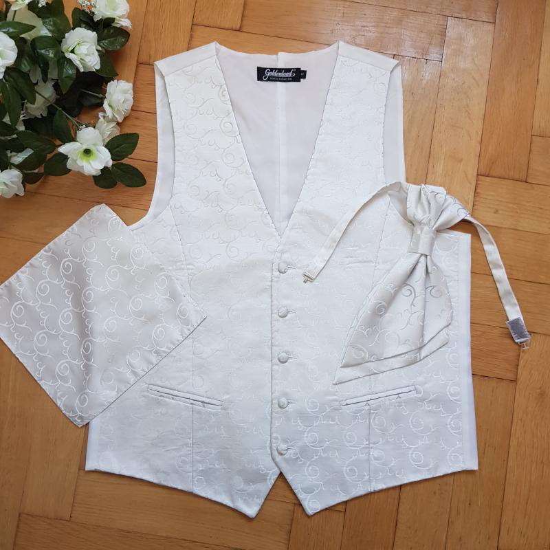 52-es méretű, krém színű, csillogó szatén ceremónia / vőlegény szett: mellény, francia nyakkendő, díszzsebkendő