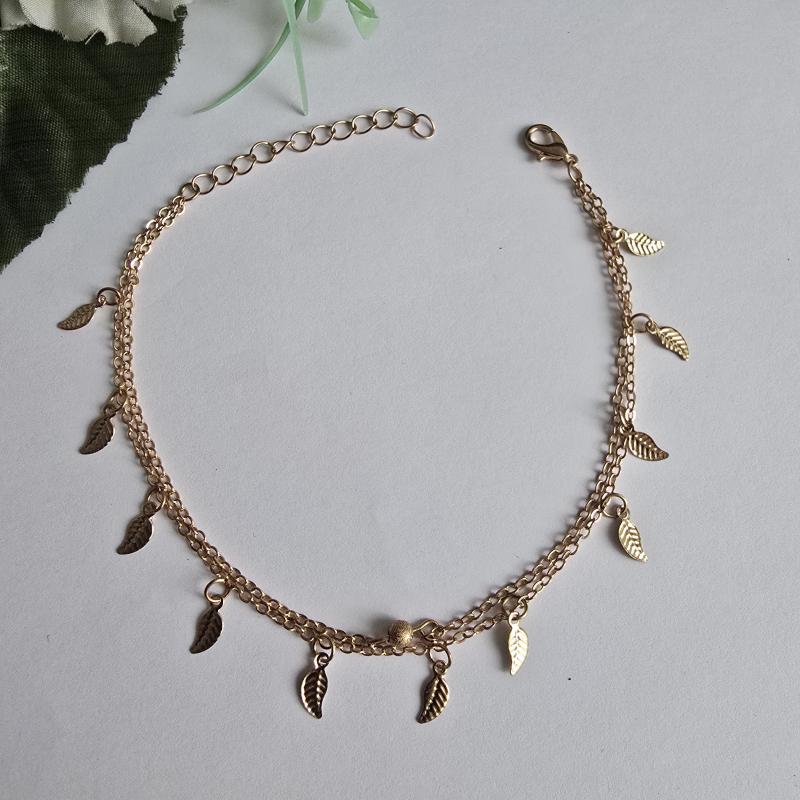 Aranyszínű, levél díszes, 2 soros karkötő, karlánc