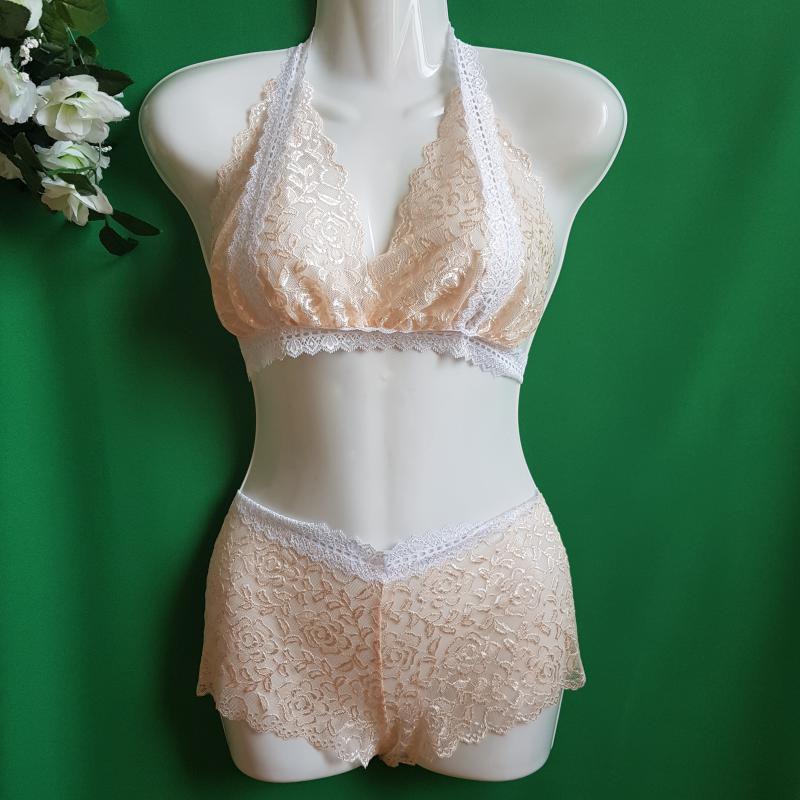 Barack-fehér csipke fehérnemű szett: melltartó + francia bugyi