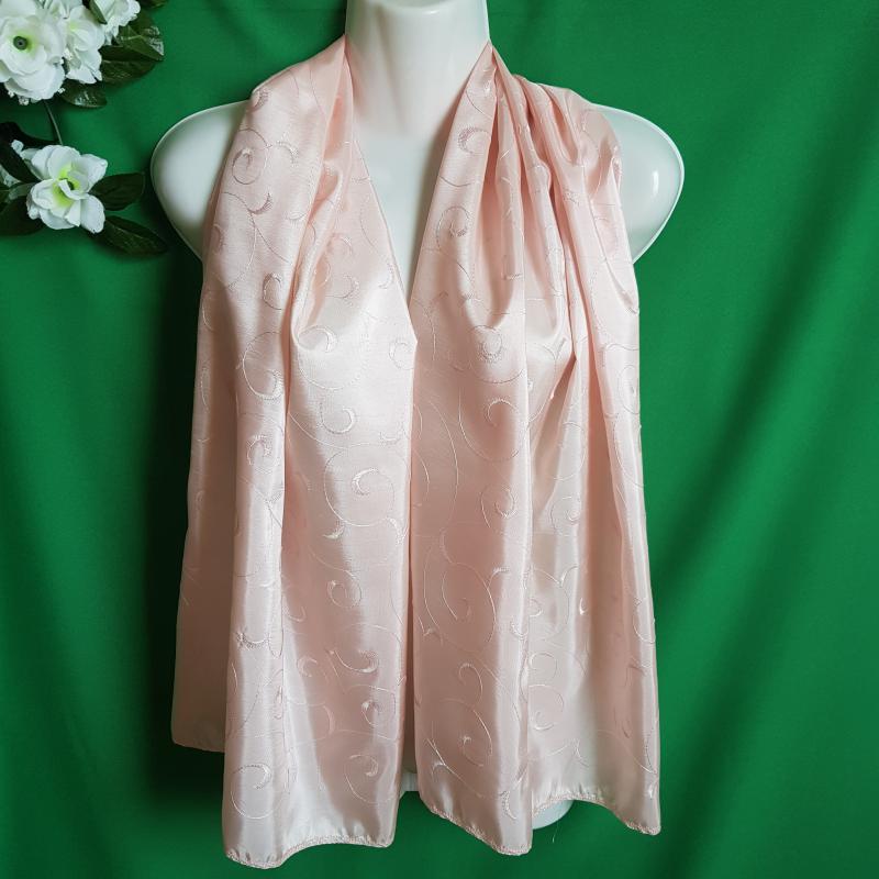 Barackrózsaszín hímzett szatén sál, kendő, vállkendő, stóla – 55x145cm