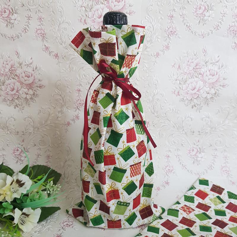 Csillogó szalagos ajándékdoboz mintás zsák, textil ajándéktasak pezsgőkhöz