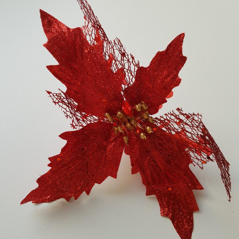 Csillogós, piros mikulásvirág fej, karácsonyi dísz