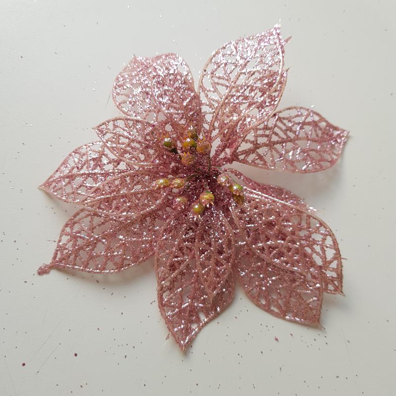 Csillogós, rózsaszín mikulásvirág fej, karácsonyi dísz