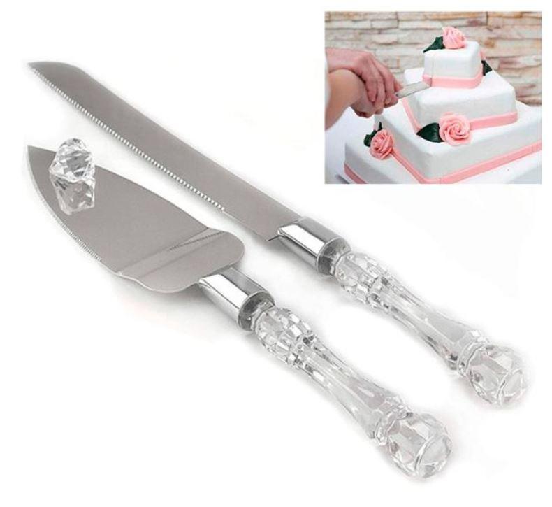 Díszes nyelű esküvői tortavágó kés szett: spatula + szeletelő