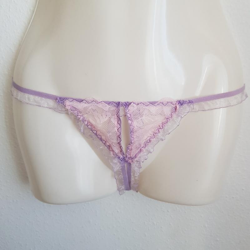 Egyedi készítésű rózsaszín csipkés, fodros nyitott tanga bugyi