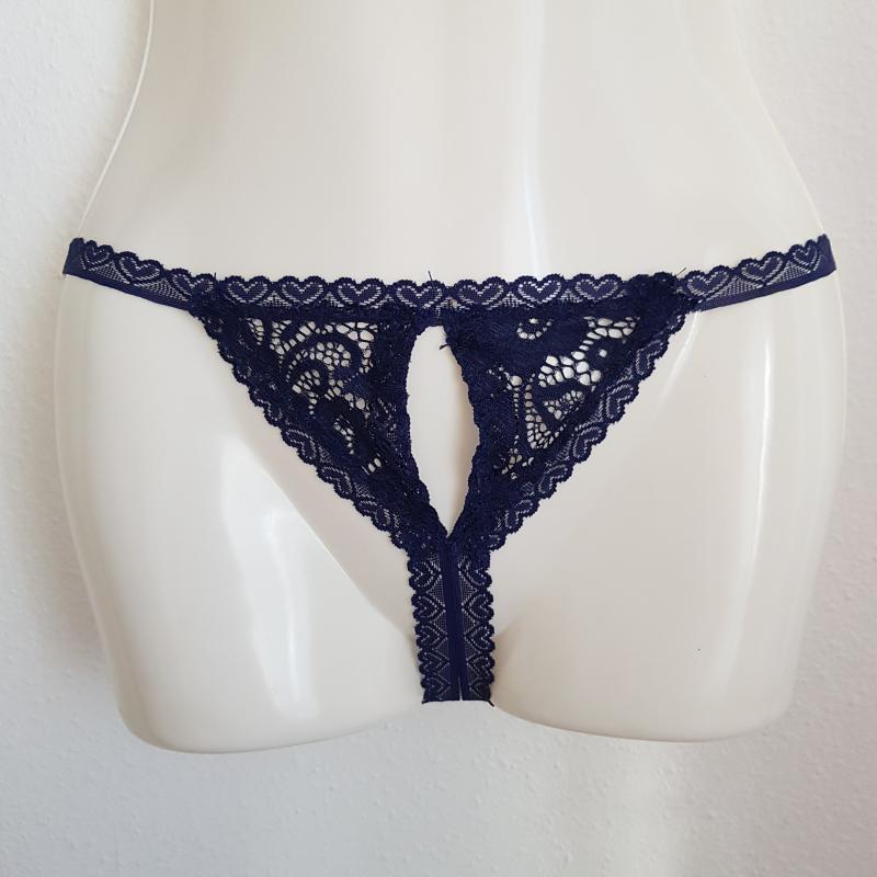 Egyedi készítésű sötétkék csipkés nyitott tanga bugyi