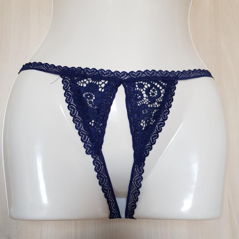 Egyedi készítésű sötétkék csipkés nyitott tanga bugyi