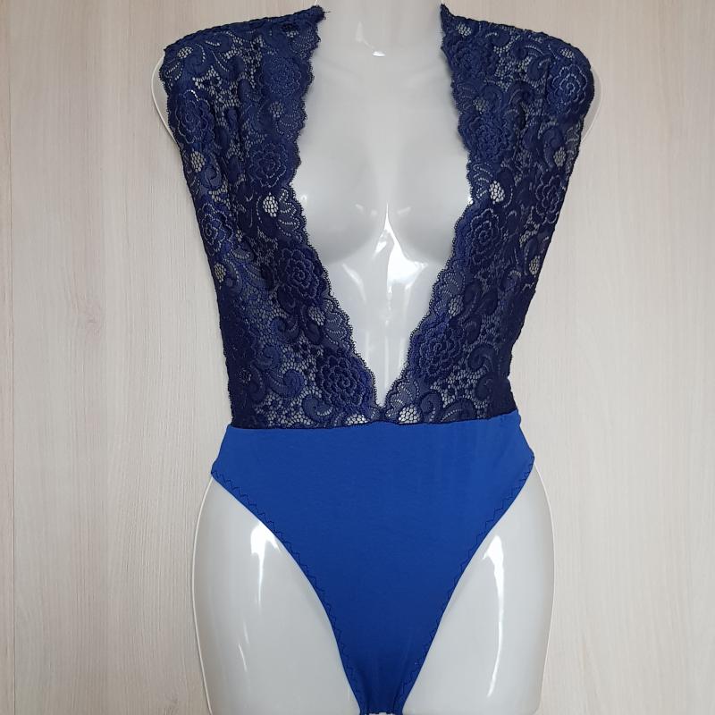 Egyedi készítésű sötétkék színű szexi, csipkés body