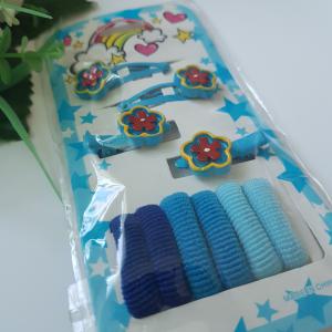 10db-os kék színű, hajdísz csomag kislányoknak: pattintós hajcsat, hajcsipesz, hajgumi