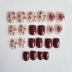 22db-os négyzet alakú DIY műköröm szett folyékony ragasztóval – bordó - rózsás