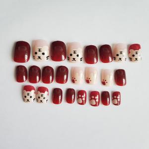 24db-os négyzet alakú DIY műköröm szett folyékony ragasztóval – bordó - cicás