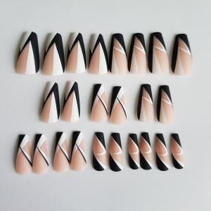 24db-os szűkített négyzet alakú DIY műköröm szett folyékony ragasztóval – fekete - fehér