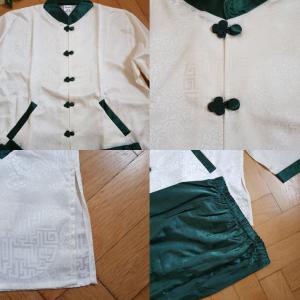 40-42-es/M-es krém-zöld színű, kínai stílusú szatén pizsama szett