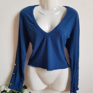 44-es/L-es kék színű, bordázott hosszú ujjú crop top, póló