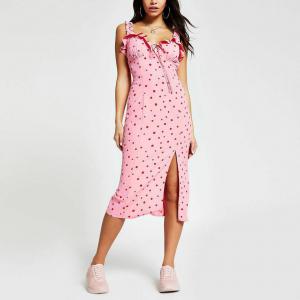 44-es/L-es rózsaszín alapon piros pöttyös, pántos ruha