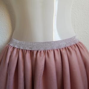 5 rétegű, tépett hatású, átmenetes púder midi tüll szoknya csillogós derékkal