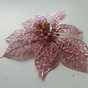 Csillogós, rózsaszín mikulásvirág fej, karácsonyi dísz