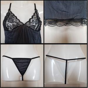 Csipkés, enyhén csíkos szatén fehérnemű szett: babydoll + tanga bugyi