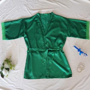 Csipkés ujjú, fűzöld szatén köntös – kb. XL-es