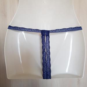 Egyedi készítésű sötétkék csipkés nyitott tanga bugyi
