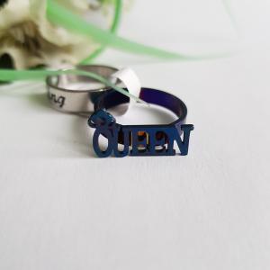 Ezüst és kék színű, KING és QUEEN feliratos páros gyűrű, gyűrűpár
