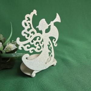 Fehér színű, csillogó glitteres trombitáló angyalka díszes karácsonyi mécsestartó, gyertyatartó