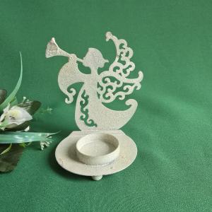 Fehér színű, csillogó glitteres trombitáló angyalka díszes karácsonyi mécsestartó, gyertyatartó